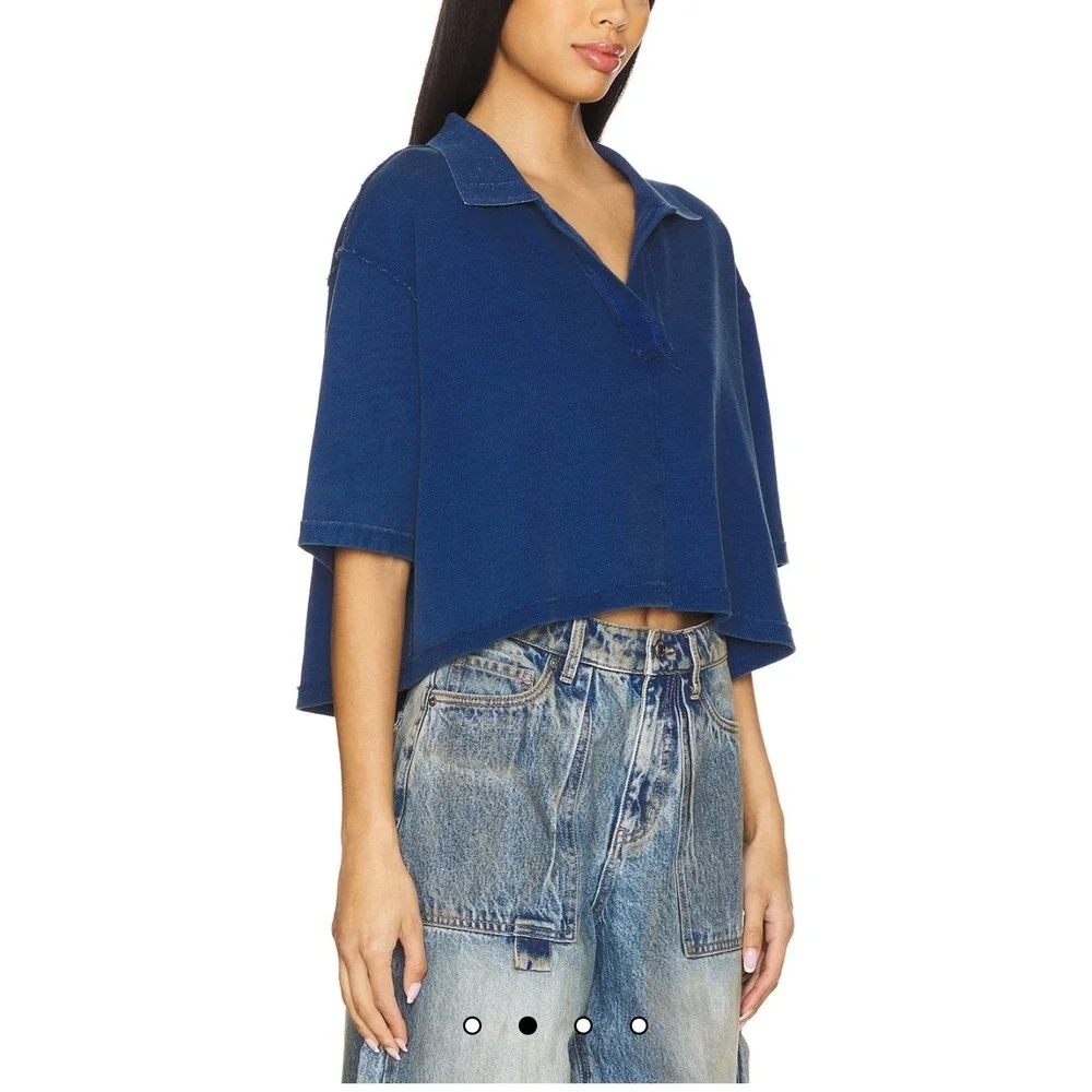 We The Free Free People Cropped Polo Shirt Blue Waffle‎ Knit Boxy Top L